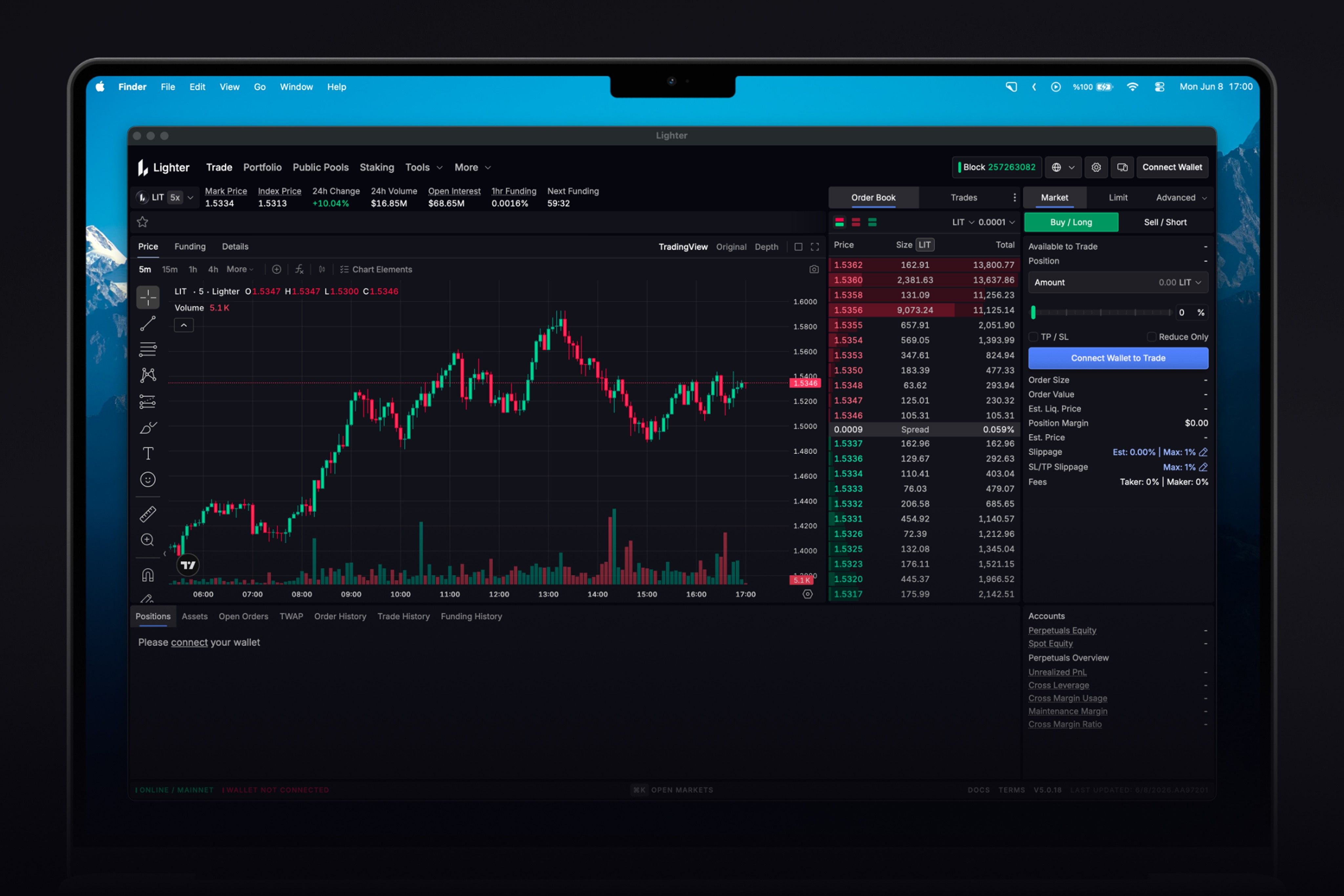 Lighter desktop app on a laptop, showing the LIT chart, order book and trade panel