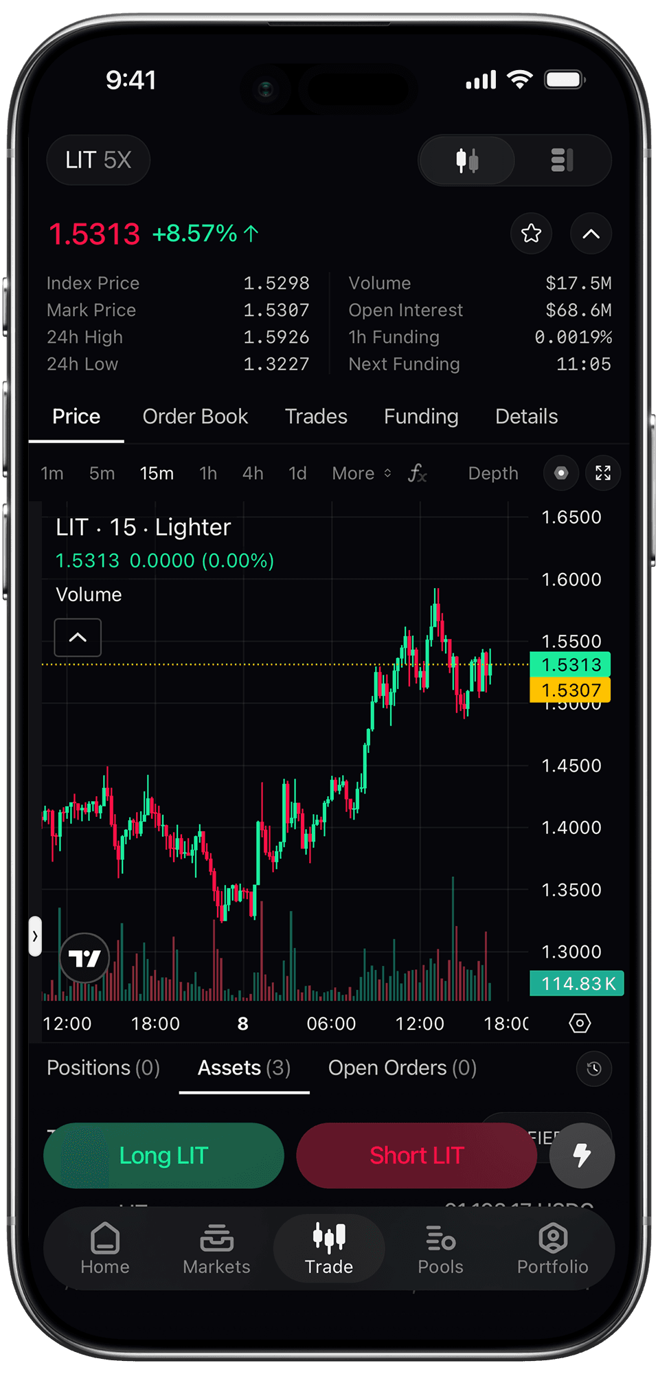 Lighter mobile app showing the LIT market