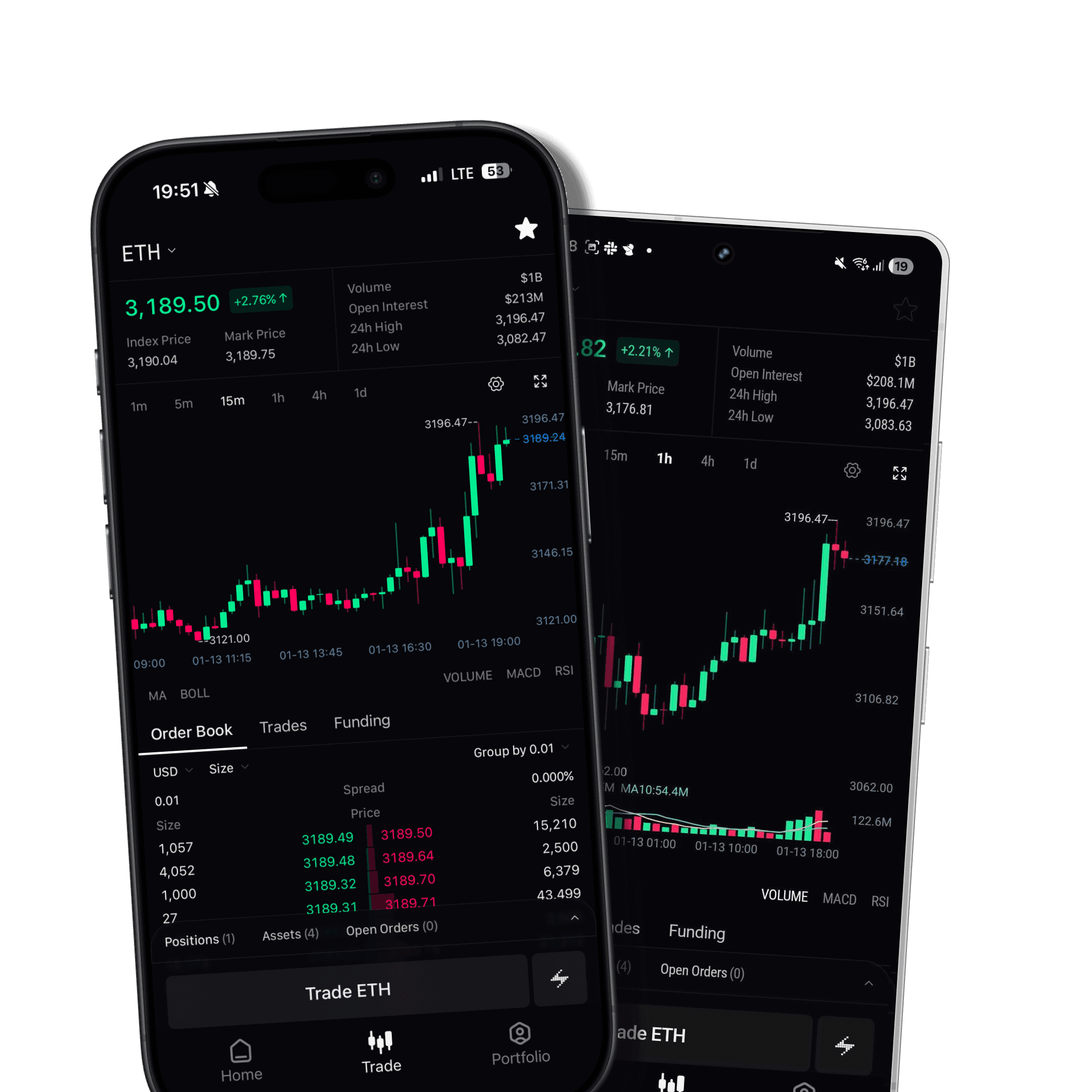 Lighter mobile app on two phones showing the ETH market